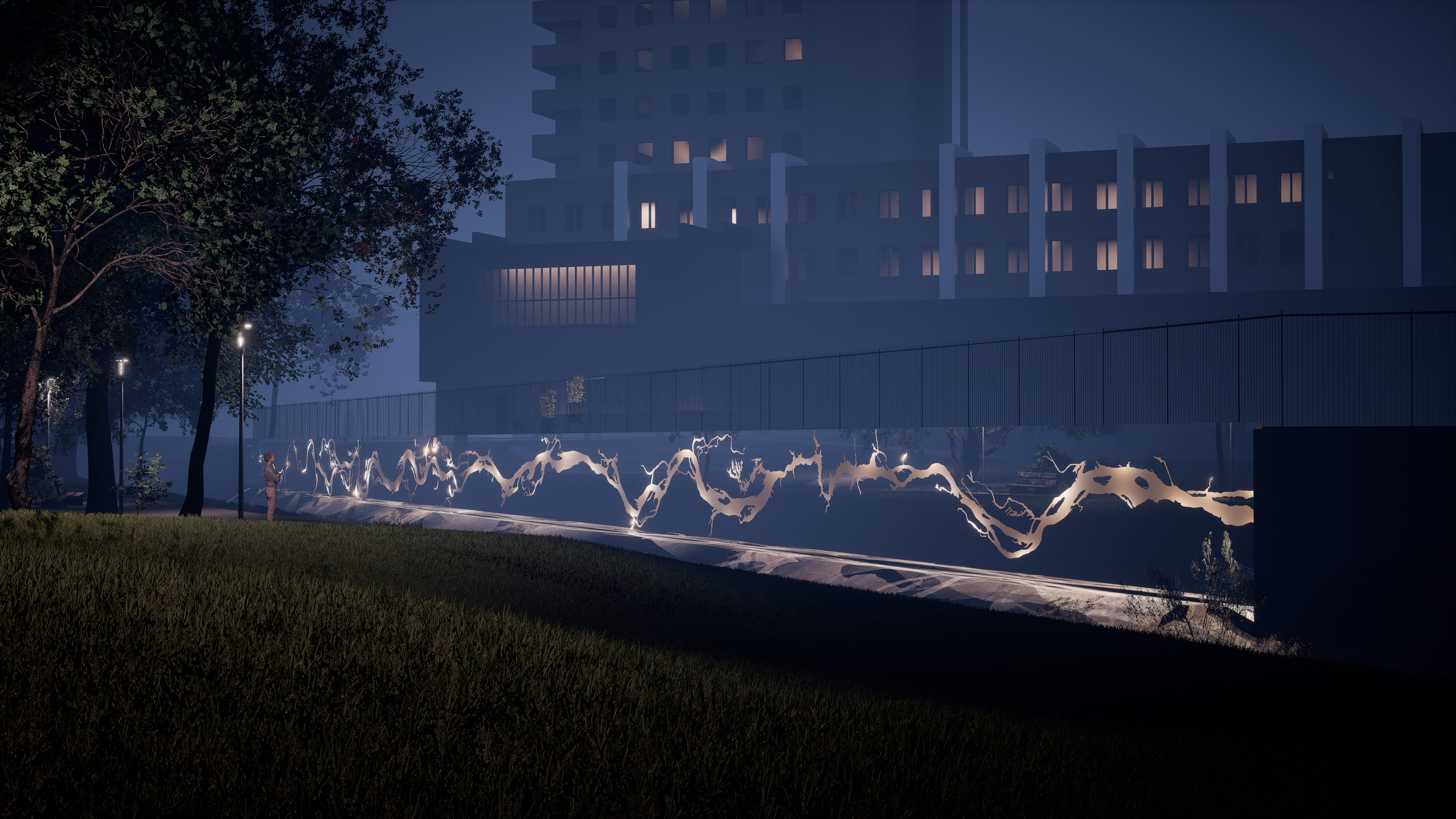 River of light — installation visualisation, evening view